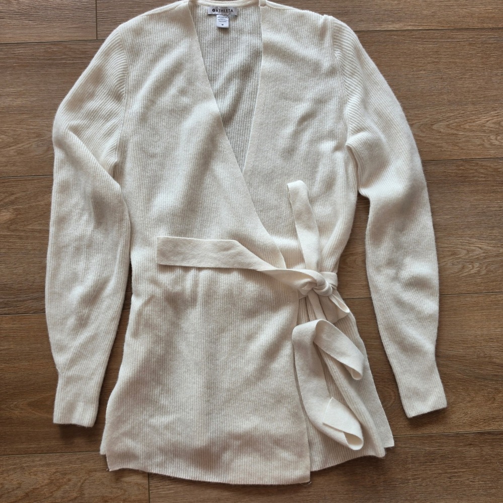 Athleta Merino Wool Cashmere Wrap Cardigan Sweater Cream, Size M